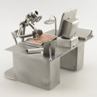 Steelman working at his computer and talking on the phone metal art figurine with a Business Card Holder