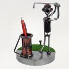 Steelman sleeping on his office desk metal art figurine with a Business Card Holder