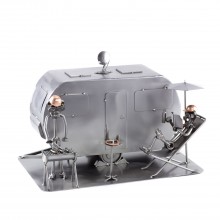 Two Steelman bbq-ing and relaxing beside an RV/Travel Trailer Camping metal art figurine