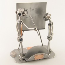 Steelman Teacher with a student in front of a blackboard metal art figurine with a Business Card Holder
