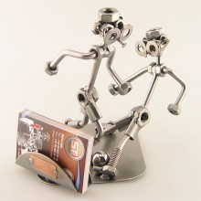 Two Steelman in a soccer match metal art figurine with a Business Card Holder
