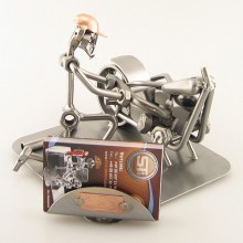 Steelman Motorcycle Mechanic fixing a motorcycle metal art figurine with a Business Card Holder