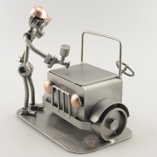 Steelman spray painting a car metal art figurine