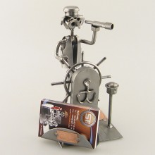 Steelman Captain at the helm looking through a spyglass metal art figurine with a Business Card Holder