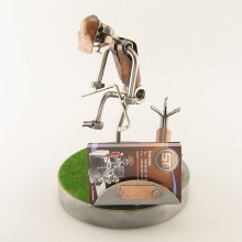 Frustrated Steelman Golfer Bending His Club on the Green metal art figurine with a Business Card Holder