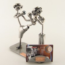 Two Steelman Kickboxer in a match metal art figurine with a Business Card Holder
