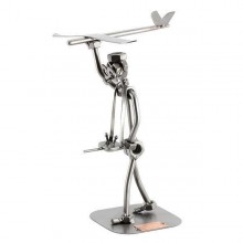 Steelman Model Builder holding his new plane metal art figurine
