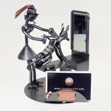 Steelman pet groomer grooming a dog metal art figurine with a Business Card Holder