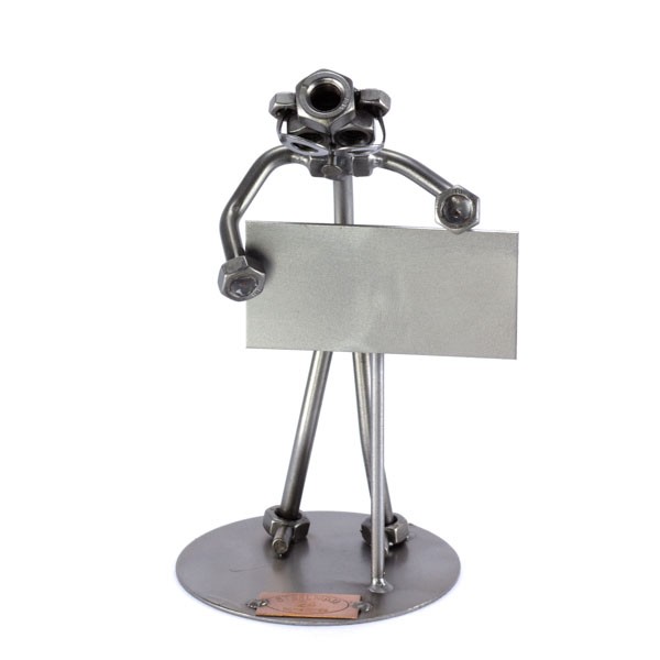 Steelman holding a blank name sign metal art figurine